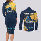 Personalised Gold Coast Titans Rugby Couples Matching Long Sleeve Bodycon Dress and Long Sleeve Button Shirt Titans Mascot - Sporty Splash Art Style