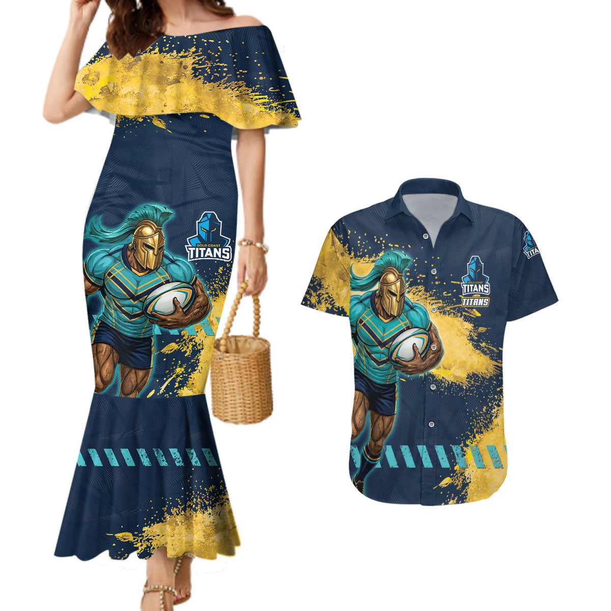 Personalised Gold Coast Titans Rugby Couples Matching Mermaid Dress and Hawaiian Shirt Titans Mascot - Sporty Splash Art Style