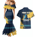 Personalised Gold Coast Titans Rugby Couples Matching Mermaid Dress and Hawaiian Shirt Titans Mascot - Sporty Splash Art Style