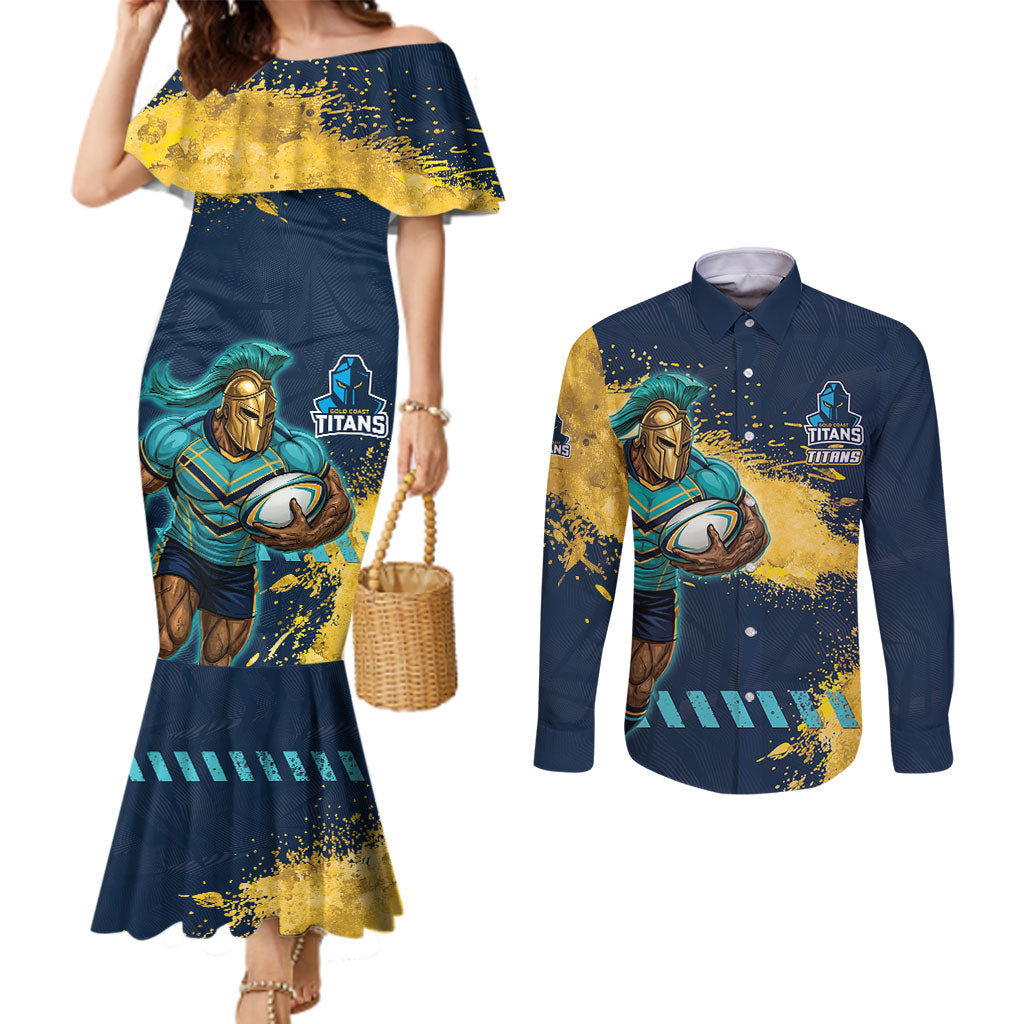 Personalised Gold Coast Titans Rugby Couples Matching Mermaid Dress and Long Sleeve Button Shirt Titans Mascot - Sporty Splash Art Style