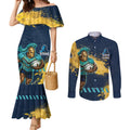 Personalised Gold Coast Titans Rugby Couples Matching Mermaid Dress and Long Sleeve Button Shirt Titans Mascot - Sporty Splash Art Style