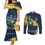 Personalised Gold Coast Titans Rugby Couples Matching Mermaid Dress and Long Sleeve Button Shirt Titans Mascot - Sporty Splash Art Style