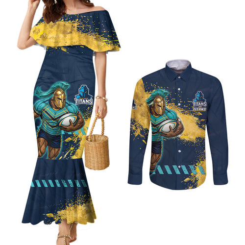 Personalised Gold Coast Titans Rugby Couples Matching Mermaid Dress and Long Sleeve Button Shirt Titans Mascot - Sporty Splash Art Style