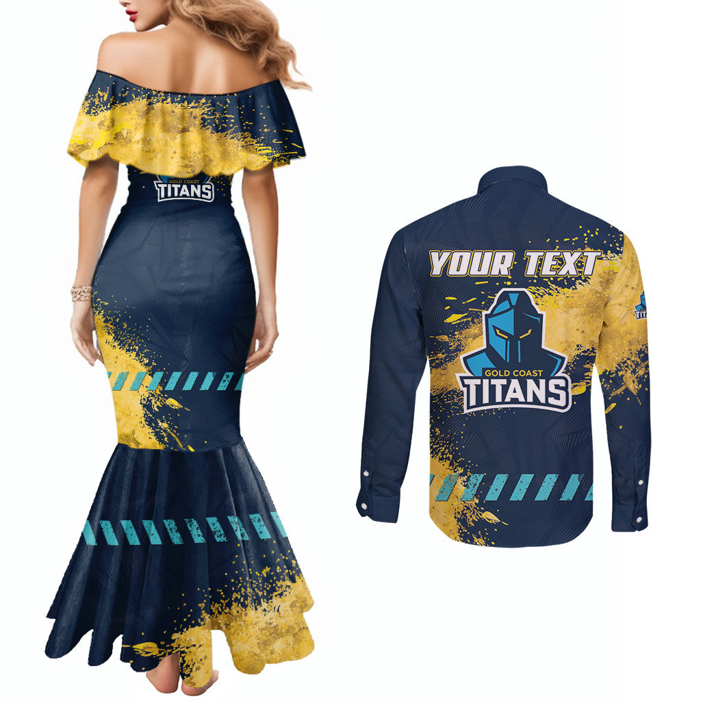 Personalised Gold Coast Titans Rugby Couples Matching Mermaid Dress and Long Sleeve Button Shirt Titans Mascot - Sporty Splash Art Style