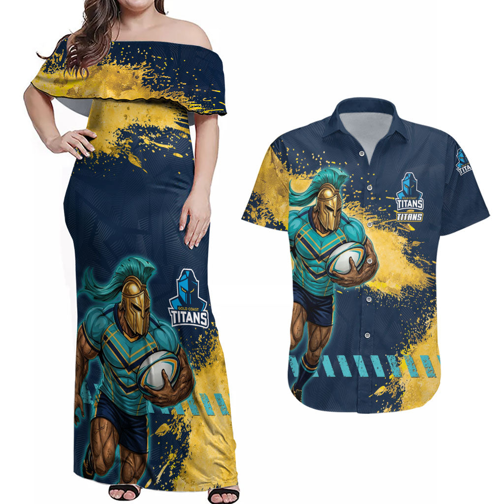 Personalised Gold Coast Titans Rugby Couples Matching Off Shoulder Maxi Dress and Hawaiian Shirt Titans Mascot - Sporty Splash Art Style