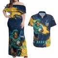 Personalised Gold Coast Titans Rugby Couples Matching Off Shoulder Maxi Dress and Hawaiian Shirt Titans Mascot - Sporty Splash Art Style