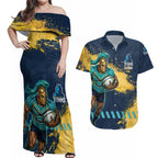Personalised Gold Coast Titans Rugby Couples Matching Off Shoulder Maxi Dress and Hawaiian Shirt Titans Mascot - Sporty Splash Art Style