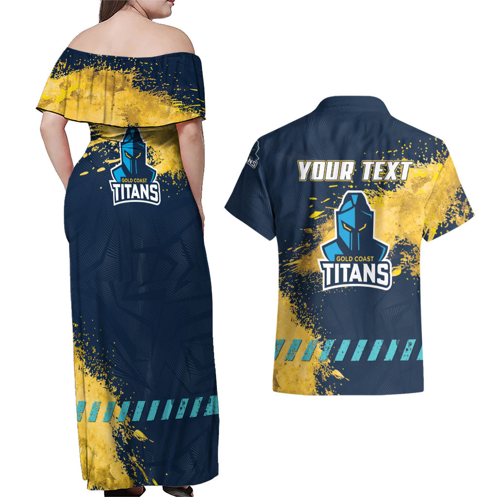Personalised Gold Coast Titans Rugby Couples Matching Off Shoulder Maxi Dress and Hawaiian Shirt Titans Mascot - Sporty Splash Art Style