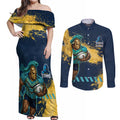 Personalised Gold Coast Titans Rugby Couples Matching Off Shoulder Maxi Dress and Long Sleeve Button Shirt Titans Mascot - Sporty Splash Art Style