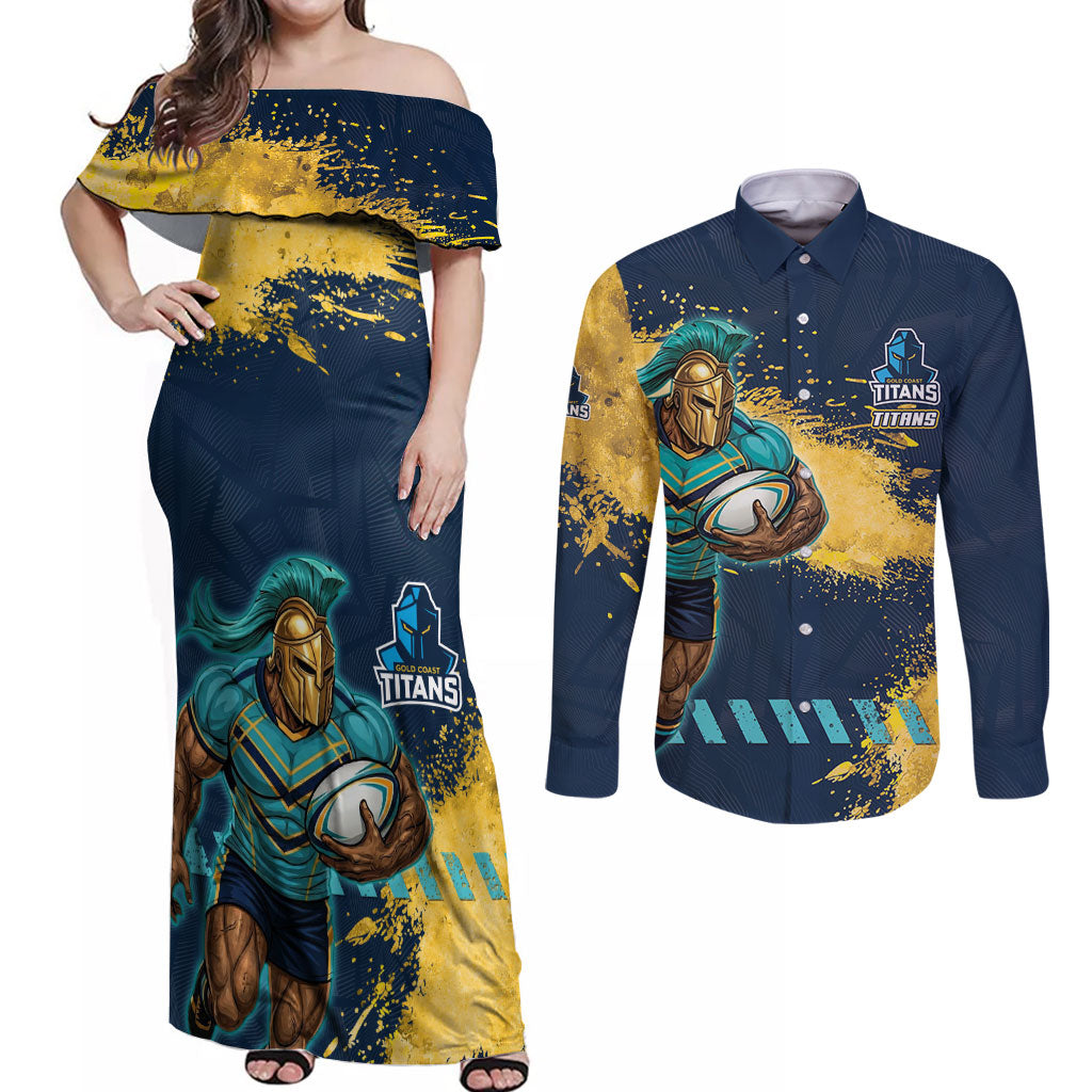 Personalised Gold Coast Titans Rugby Couples Matching Off Shoulder Maxi Dress and Long Sleeve Button Shirt Titans Mascot - Sporty Splash Art Style