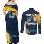 Personalised Gold Coast Titans Rugby Couples Matching Off Shoulder Maxi Dress and Long Sleeve Button Shirt Titans Mascot - Sporty Splash Art Style