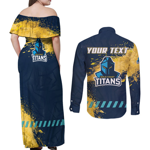 Personalised Gold Coast Titans Rugby Couples Matching Off Shoulder Maxi Dress and Long Sleeve Button Shirt Titans Mascot - Sporty Splash Art Style