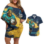 Personalised Gold Coast Titans Rugby Couples Matching Off Shoulder Short Dress and Hawaiian Shirt Titans Mascot - Sporty Splash Art Style