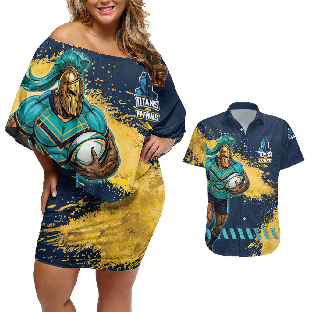 Personalised Gold Coast Titans Rugby Couples Matching Off Shoulder Short Dress and Hawaiian Shirt Titans Mascot - Sporty Splash Art Style