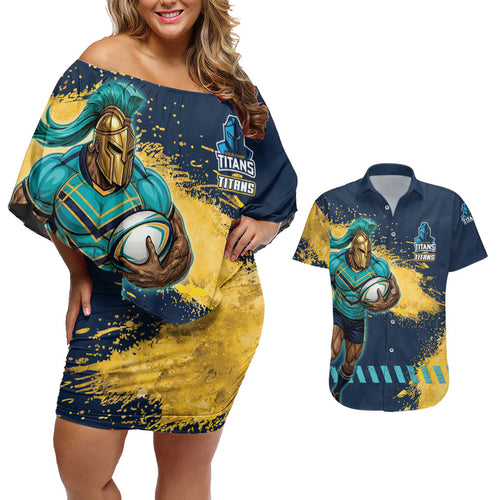 Personalised Gold Coast Titans Rugby Couples Matching Off Shoulder Short Dress and Hawaiian Shirt Titans Mascot - Sporty Splash Art Style