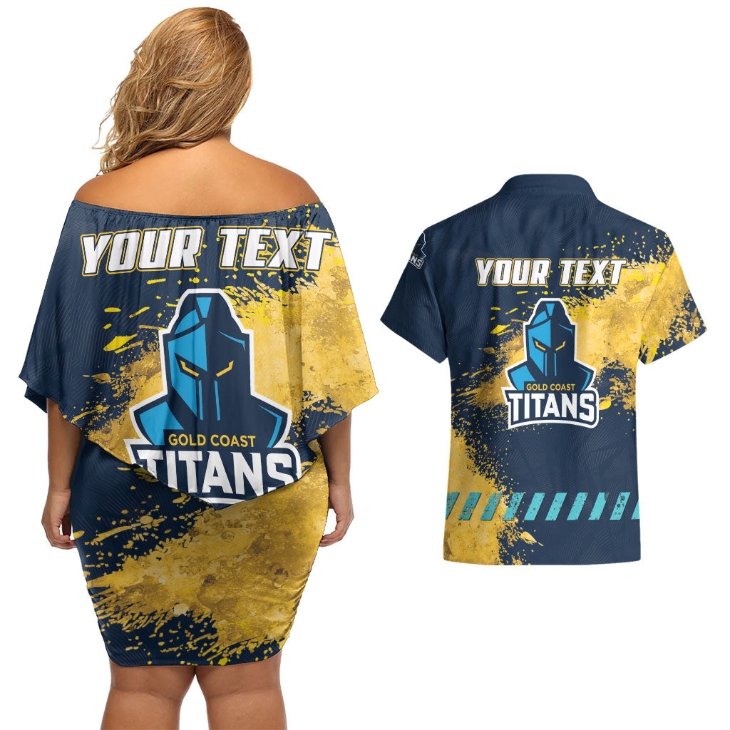 Personalised Gold Coast Titans Rugby Couples Matching Off Shoulder Short Dress and Hawaiian Shirt Titans Mascot - Sporty Splash Art Style