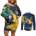 Personalised Gold Coast Titans Rugby Couples Matching Off Shoulder Short Dress and Long Sleeve Button Shirt Titans Mascot - Sporty Splash Art Style