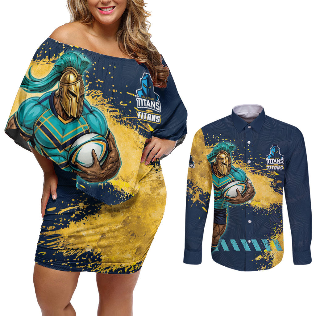 Personalised Gold Coast Titans Rugby Couples Matching Off Shoulder Short Dress and Long Sleeve Button Shirt Titans Mascot - Sporty Splash Art Style