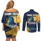 Personalised Gold Coast Titans Rugby Couples Matching Off Shoulder Short Dress and Long Sleeve Button Shirt Titans Mascot - Sporty Splash Art Style