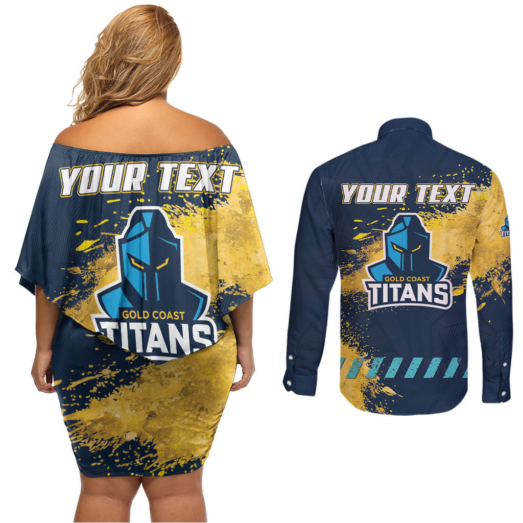 Personalised Gold Coast Titans Rugby Couples Matching Off Shoulder Short Dress and Long Sleeve Button Shirt Titans Mascot - Sporty Splash Art Style