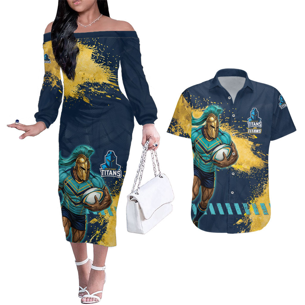 Personalised Gold Coast Titans Rugby Couples Matching Off The Shoulder Long Sleeve Dress and Hawaiian Shirt Titans Mascot - Sporty Splash Art Style