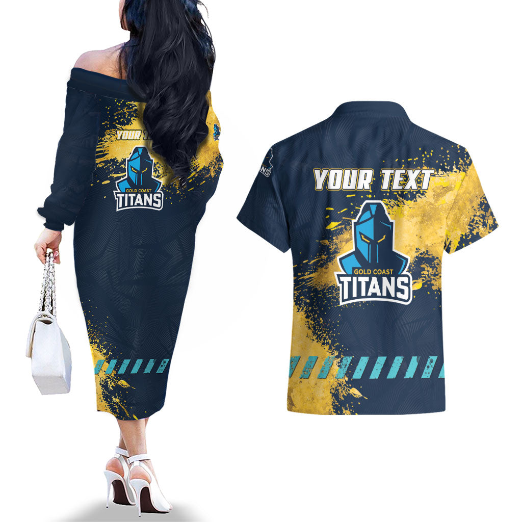 Personalised Gold Coast Titans Rugby Couples Matching Off The Shoulder Long Sleeve Dress and Hawaiian Shirt Titans Mascot - Sporty Splash Art Style