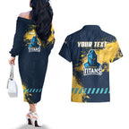 Personalised Gold Coast Titans Rugby Couples Matching Off The Shoulder Long Sleeve Dress and Hawaiian Shirt Titans Mascot - Sporty Splash Art Style