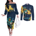 Personalised Gold Coast Titans Rugby Couples Matching Off The Shoulder Long Sleeve Dress and Long Sleeve Button Shirt Titans Mascot - Sporty Splash Art Style