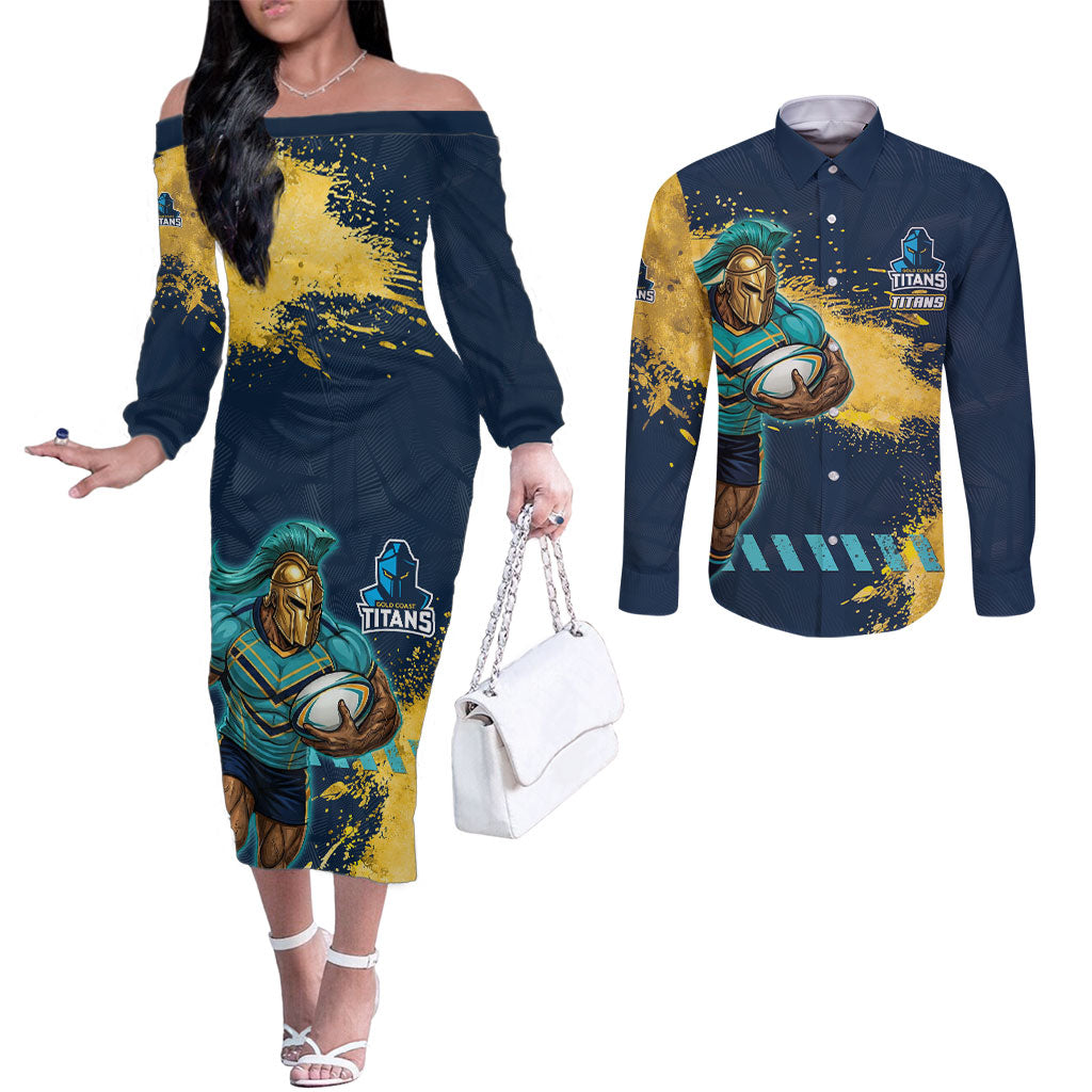 Personalised Gold Coast Titans Rugby Couples Matching Off The Shoulder Long Sleeve Dress and Long Sleeve Button Shirt Titans Mascot - Sporty Splash Art Style