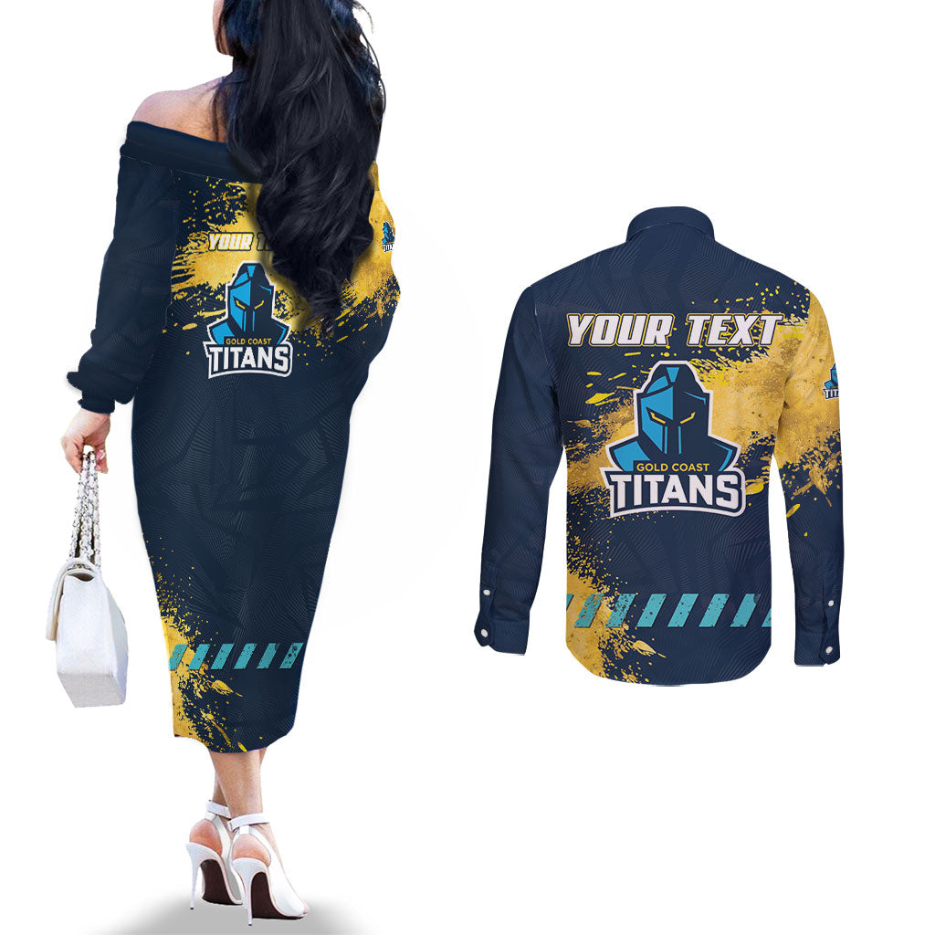 Personalised Gold Coast Titans Rugby Couples Matching Off The Shoulder Long Sleeve Dress and Long Sleeve Button Shirt Titans Mascot - Sporty Splash Art Style
