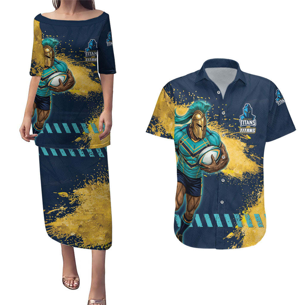 Personalised Gold Coast Titans Rugby Couples Matching Puletasi and Hawaiian Shirt Titans Mascot - Sporty Splash Art Style