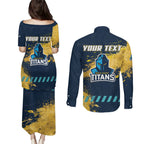 Personalised Gold Coast Titans Rugby Couples Matching Puletasi and Long Sleeve Button Shirt Titans Mascot - Sporty Splash Art Style