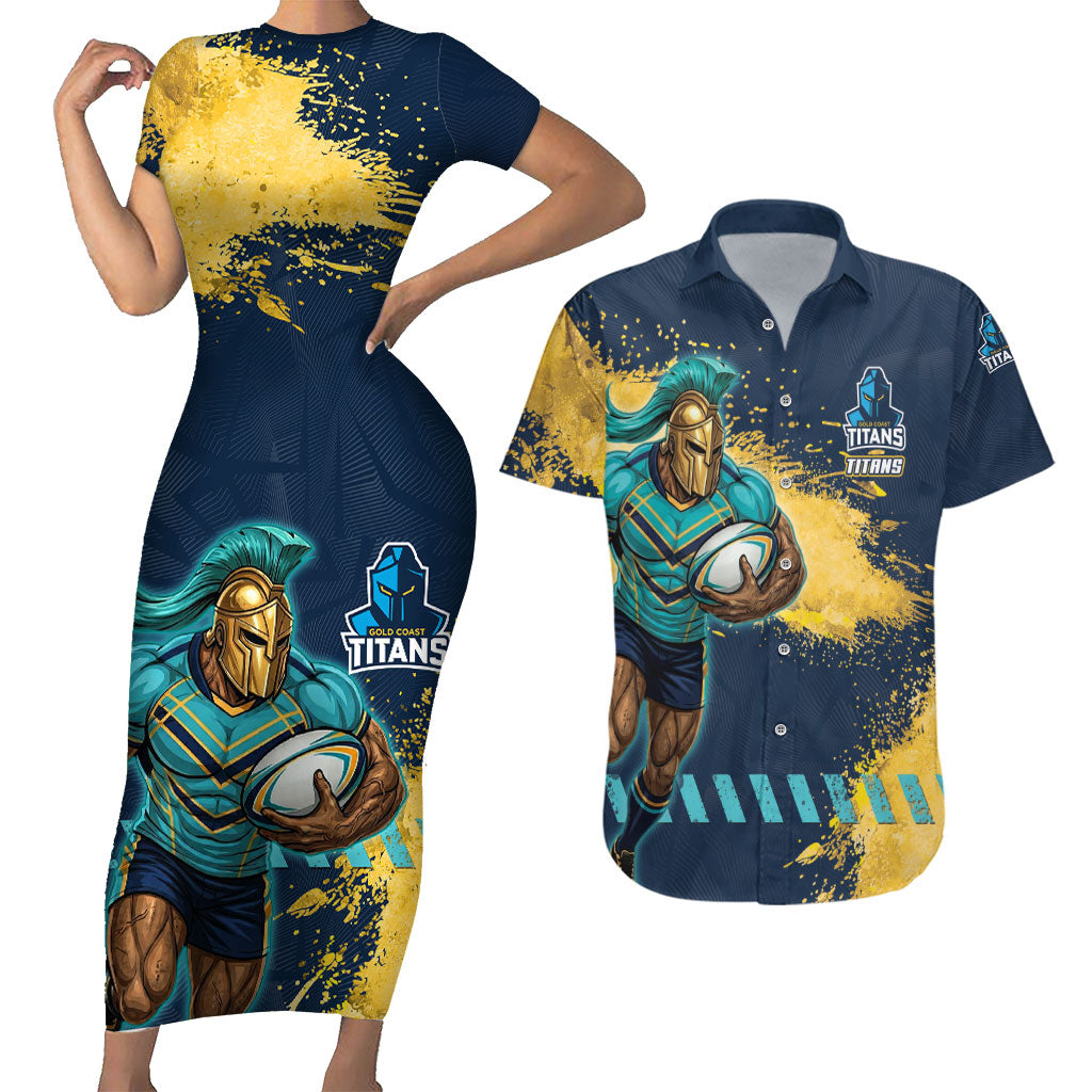 Personalised Gold Coast Titans Rugby Couples Matching Short Sleeve Bodycon Dress and Hawaiian Shirt Titans Mascot - Sporty Splash Art Style