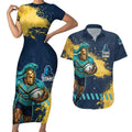 Personalised Gold Coast Titans Rugby Couples Matching Short Sleeve Bodycon Dress and Hawaiian Shirt Titans Mascot - Sporty Splash Art Style