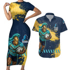 Personalised Gold Coast Titans Rugby Couples Matching Short Sleeve Bodycon Dress and Hawaiian Shirt Titans Mascot - Sporty Splash Art Style