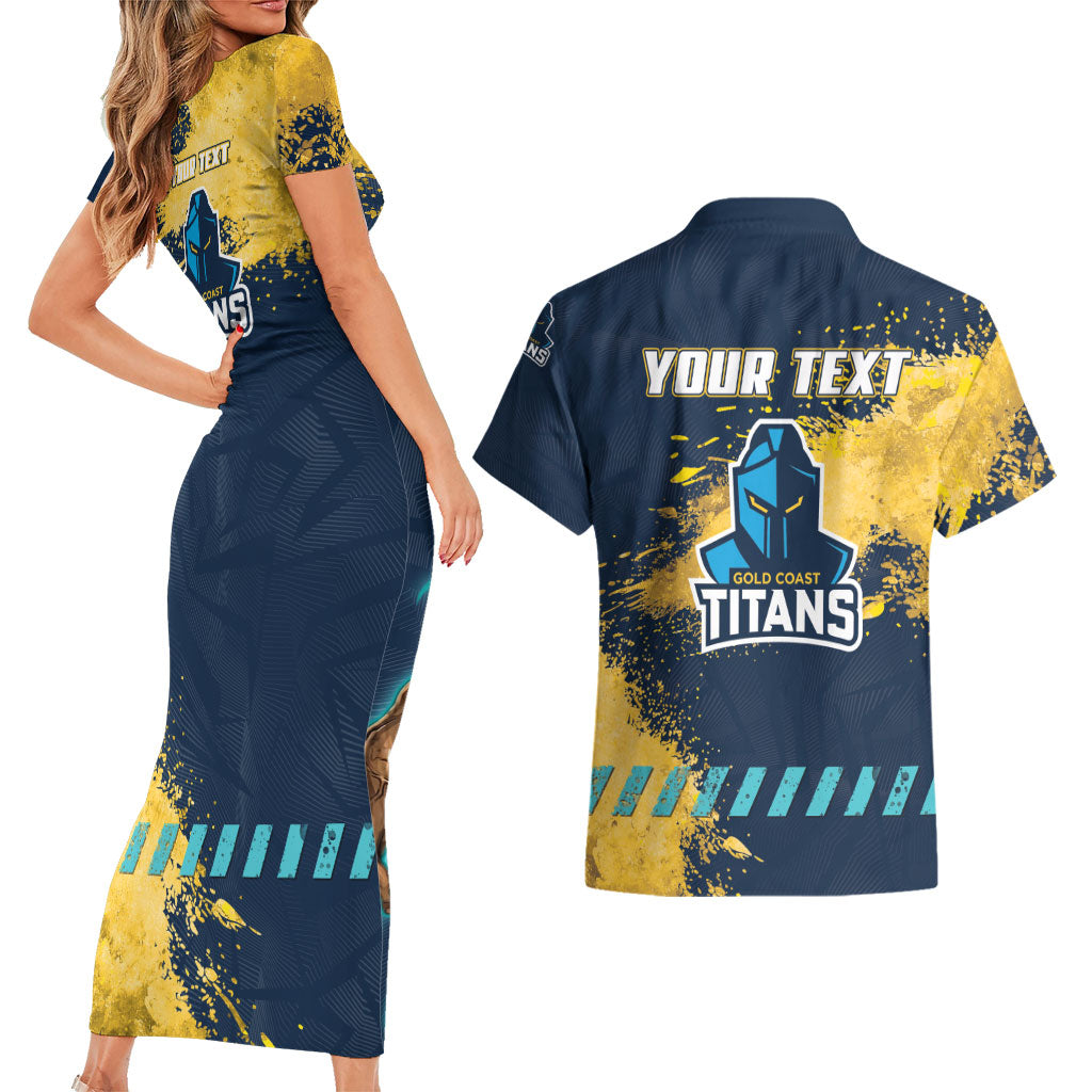 Personalised Gold Coast Titans Rugby Couples Matching Short Sleeve Bodycon Dress and Hawaiian Shirt Titans Mascot - Sporty Splash Art Style