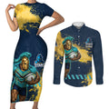 Personalised Gold Coast Titans Rugby Couples Matching Short Sleeve Bodycon Dress and Long Sleeve Button Shirt Titans Mascot - Sporty Splash Art Style
