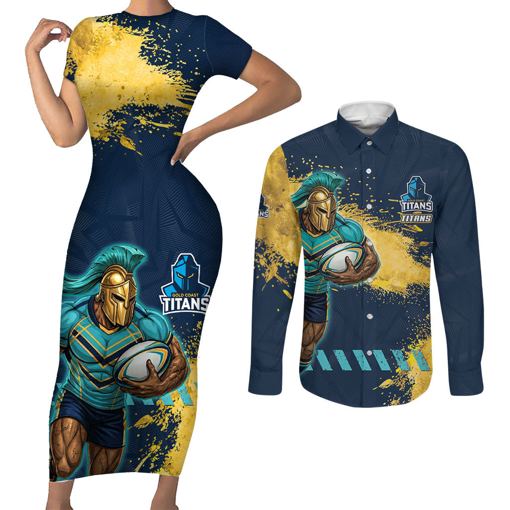Personalised Gold Coast Titans Rugby Couples Matching Short Sleeve Bodycon Dress and Long Sleeve Button Shirt Titans Mascot - Sporty Splash Art Style