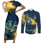 Personalised Gold Coast Titans Rugby Couples Matching Short Sleeve Bodycon Dress and Long Sleeve Button Shirt Titans Mascot - Sporty Splash Art Style