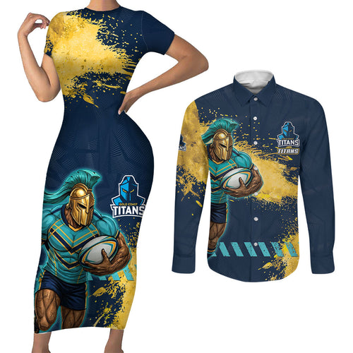 Personalised Gold Coast Titans Rugby Couples Matching Short Sleeve Bodycon Dress and Long Sleeve Button Shirt Titans Mascot - Sporty Splash Art Style