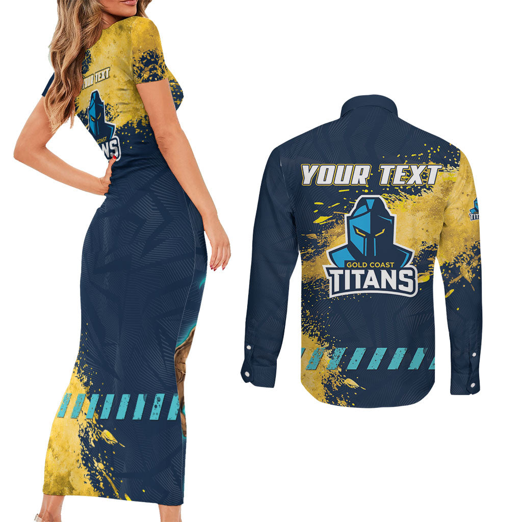 Personalised Gold Coast Titans Rugby Couples Matching Short Sleeve Bodycon Dress and Long Sleeve Button Shirt Titans Mascot - Sporty Splash Art Style