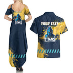 Personalised Gold Coast Titans Rugby Couples Matching Summer Maxi Dress and Hawaiian Shirt Titans Mascot - Sporty Splash Art Style