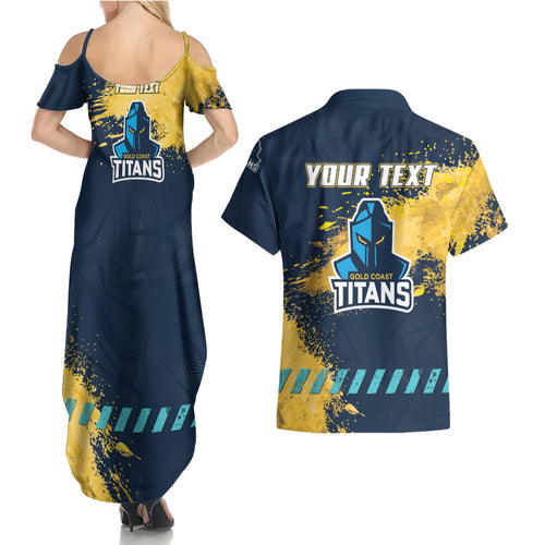 Personalised Gold Coast Titans Rugby Couples Matching Summer Maxi Dress and Hawaiian Shirt Titans Mascot - Sporty Splash Art Style