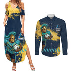Personalised Gold Coast Titans Rugby Couples Matching Summer Maxi Dress and Long Sleeve Button Shirt Titans Mascot - Sporty Splash Art Style