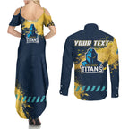Personalised Gold Coast Titans Rugby Couples Matching Summer Maxi Dress and Long Sleeve Button Shirt Titans Mascot - Sporty Splash Art Style