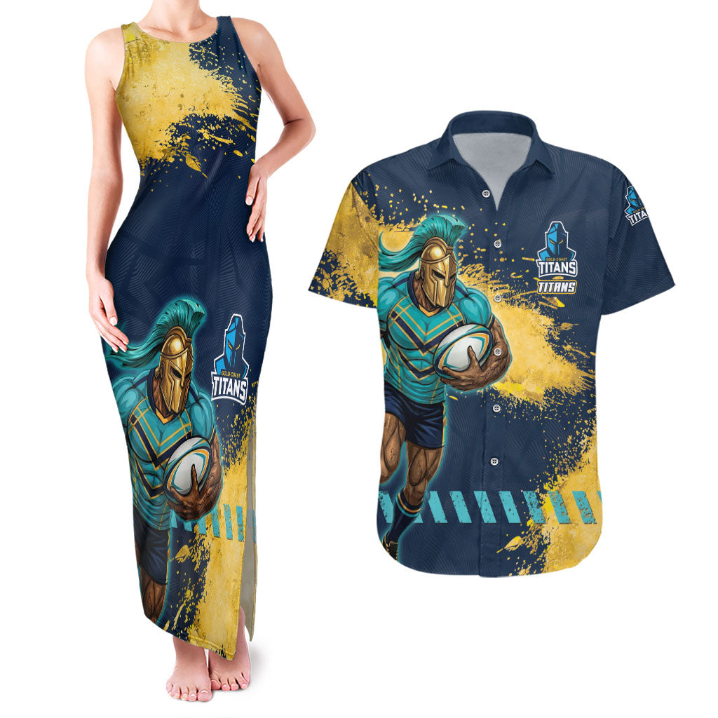 Personalised Gold Coast Titans Rugby Couples Matching Tank Maxi Dress and Hawaiian Shirt Titans Mascot - Sporty Splash Art Style