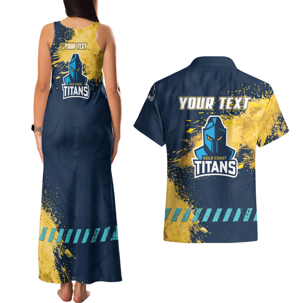 Personalised Gold Coast Titans Rugby Couples Matching Tank Maxi Dress and Hawaiian Shirt Titans Mascot - Sporty Splash Art Style