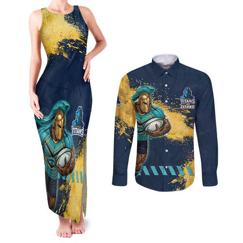 Personalised Gold Coast Titans Rugby Couples Matching Tank Maxi Dress and Long Sleeve Button Shirt Titans Mascot - Sporty Splash Art Style