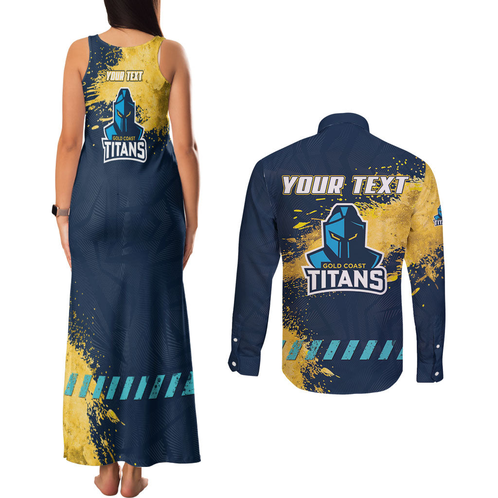 Personalised Gold Coast Titans Rugby Couples Matching Tank Maxi Dress and Long Sleeve Button Shirt Titans Mascot - Sporty Splash Art Style