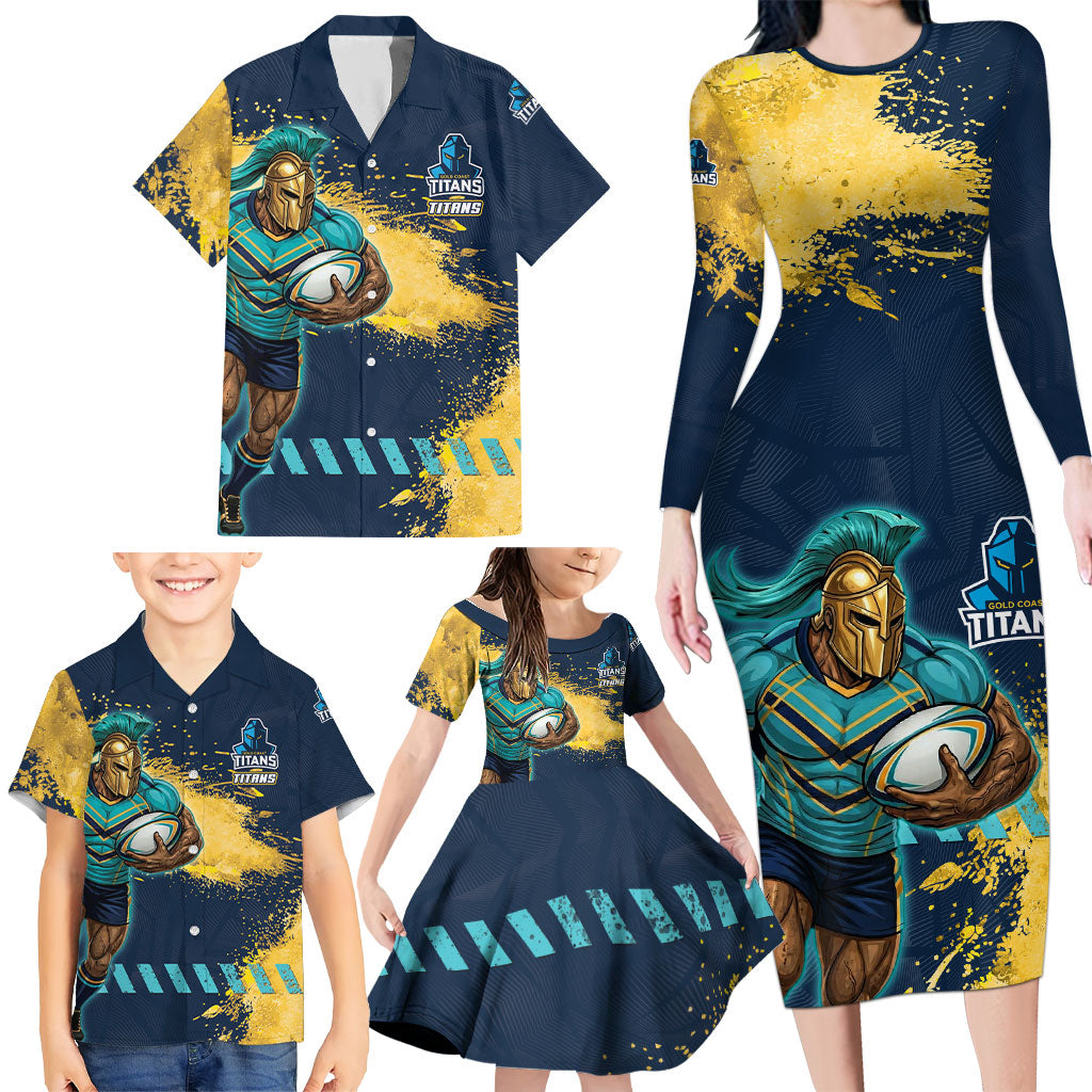 Personalised Gold Coast Titans Rugby Family Matching Long Sleeve Bodycon Dress and Hawaiian Shirt Titans Mascot - Sporty Splash Art Style